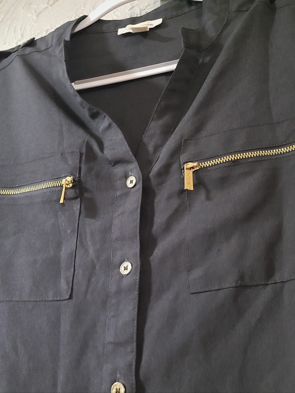 Calvin Klein Black roll-sleeve utility Button-Front Shirt Gold Zipper Accents - Picture 3 of 16